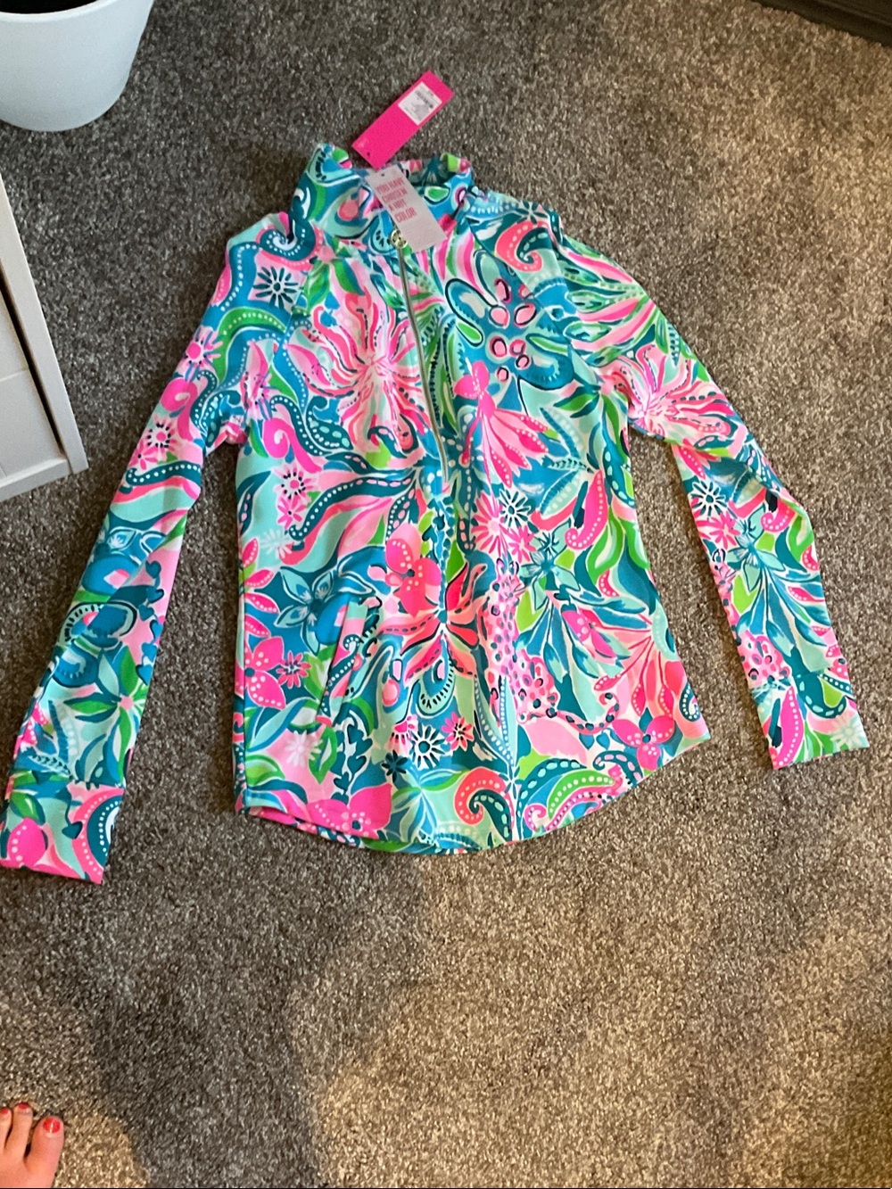 Lilly Pulitzer Tropical Floral Zip Front Rash Guard - Pink, Turquoise & Green